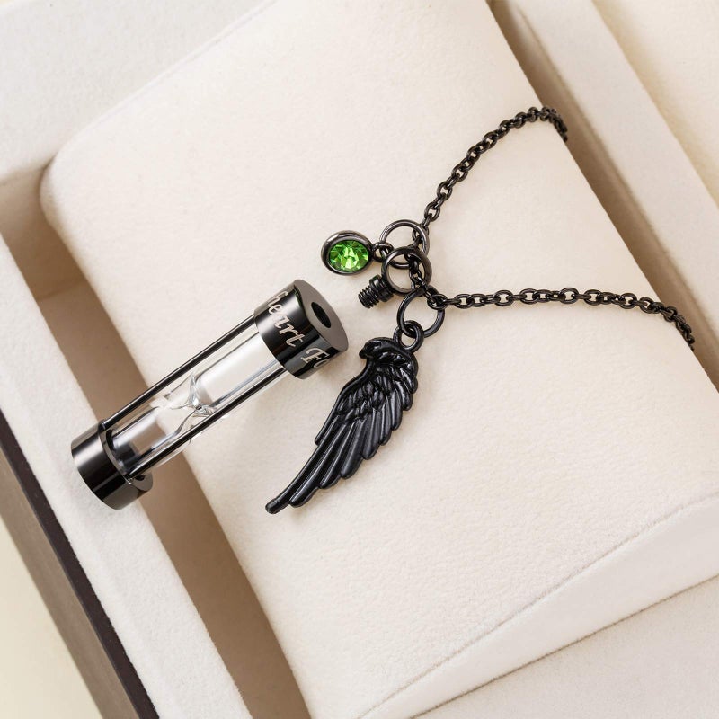 PREKIAR Cremation Urn Necklace for Ashes Time Hourglass Memory Jewelry Pendant Keepsake with Angel Wing and 12 Birthstones Forever In My Heart (Black hourglass) - Image 3